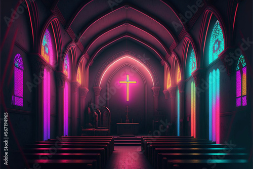 Fototapete Neon Church Interior, Pews, Altar, Cross, Stained Glass