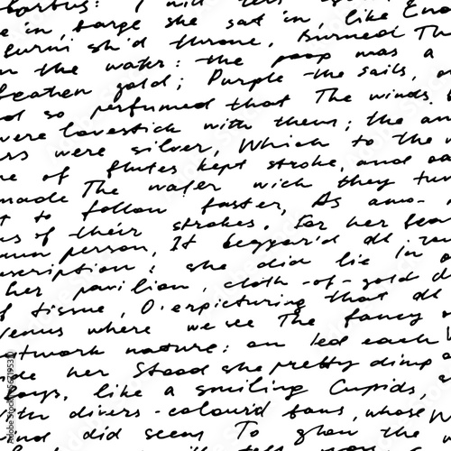 Seamless vector pattern with abstract writing. Black ink poetry seamless pattern. Calligraphy text with unreadable words. Handwritting cursive script background. Undefined text with english words.