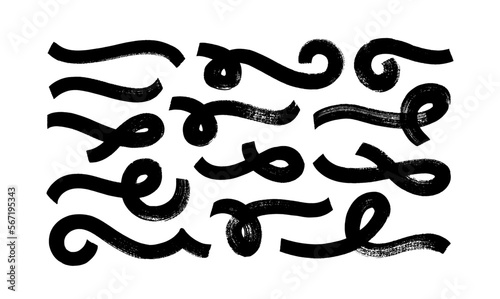 Swoosh and swash typography tails shapes. Brush drawn thick curved smears. Hand drawn collection of curly swishes, swashes, swoops. Vector calligraphy grunge swirls. Underlined text tails. 