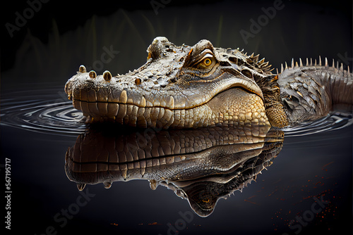 Crocodile in the water, closeup of gator snout eyes body, reptile sharp teeth and scales, isolated, generative ai
