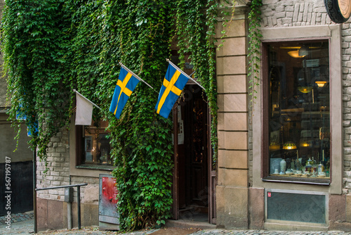 Shops at the historic medieval  old city gamlastan in Stockholm photo