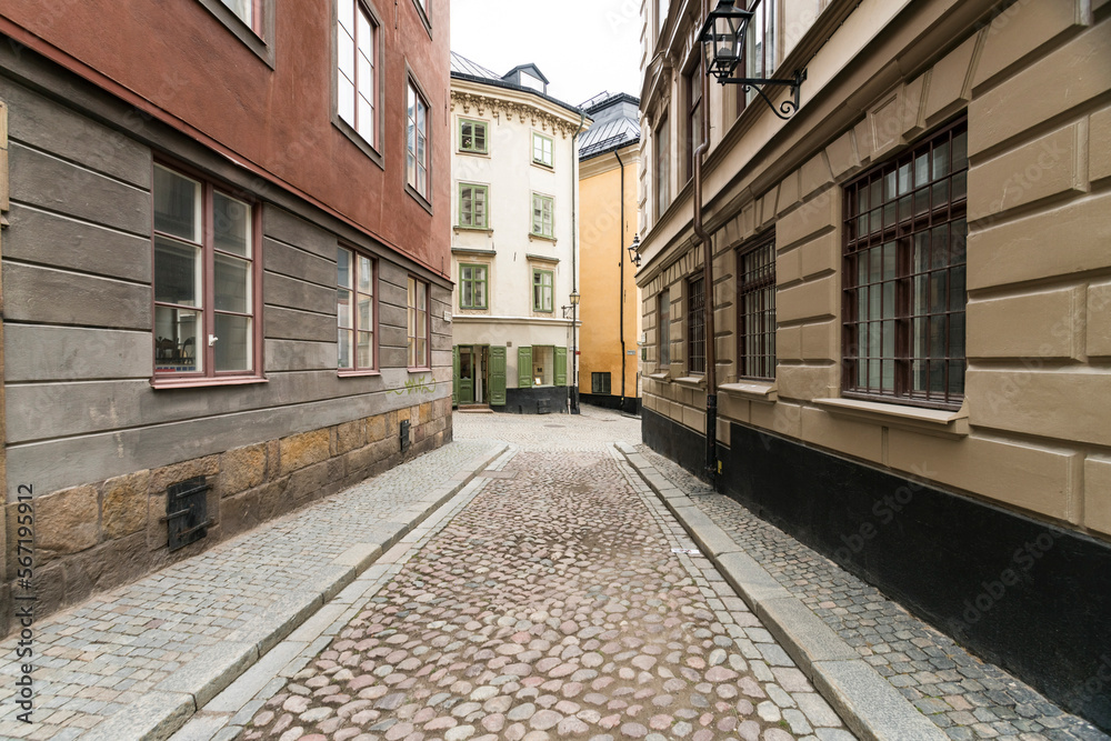 Narrow streets at the historic old city Gamlastan of Stockholm