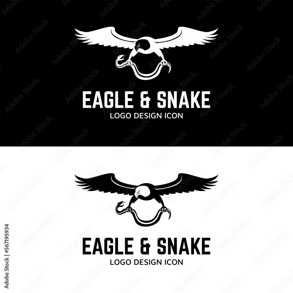 Fototapeta premium Eagle flies and clutching a snake in fight with retro vintage style logo design mascot character