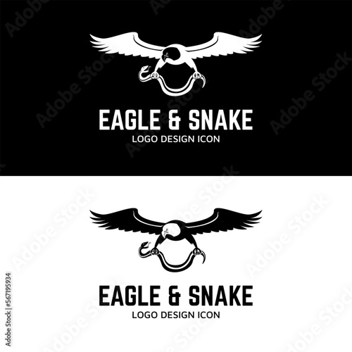 Eagle flies and clutching a snake in fight with retro vintage style logo design mascot character