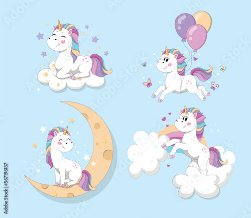 Unicorns fly set. Collection of graphic elements for website. Fictional character, fairy tale and imagination. Tenderness and love. Cartoon flat vector illustrations isolated on blue background