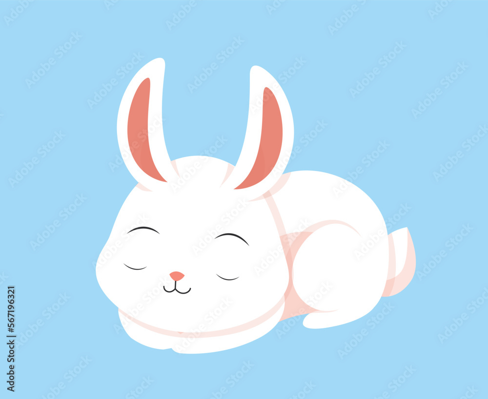 Cute white rabbit. Charming character sleeping. Toy and mascot, design element for invitation and greeting postcard. Symbol of Easter and spring season. Cartoon flat vector illustration