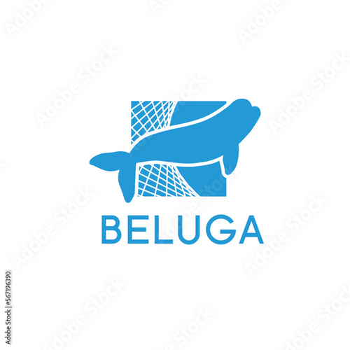 Beluga Logo with Blue Whale and Net Design. Blue silhouette of a beluga whale integrated with net graphics. 