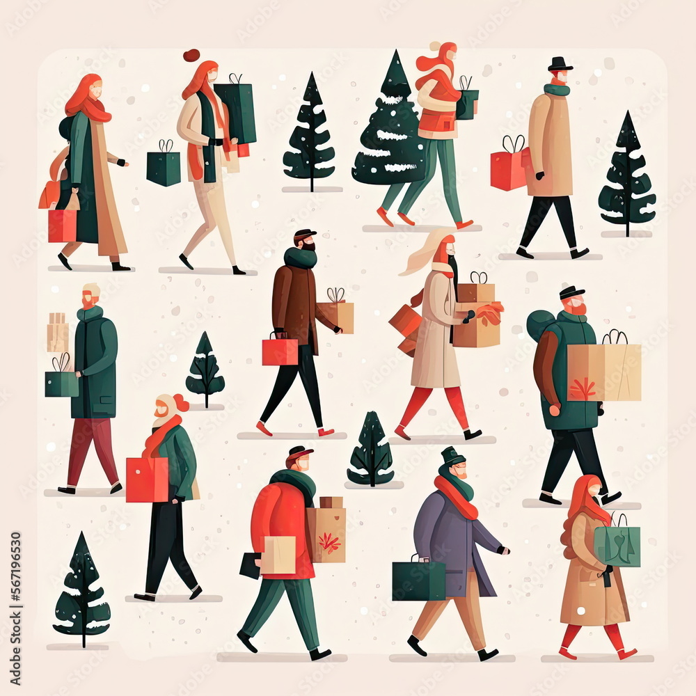 people walking and carrying gift boxes, presents, happy character in warm clothes, Christmas trees, Xmas and New Year eve, vector illustration, Made by AI,Artificial intelligence