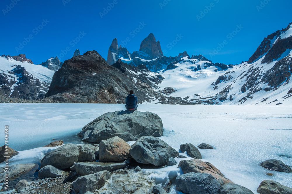 View of the beautiful Fitz Roy Mountain and Laguna de Los Tres (Lake of The Three) - El Chaltén, Argentina
