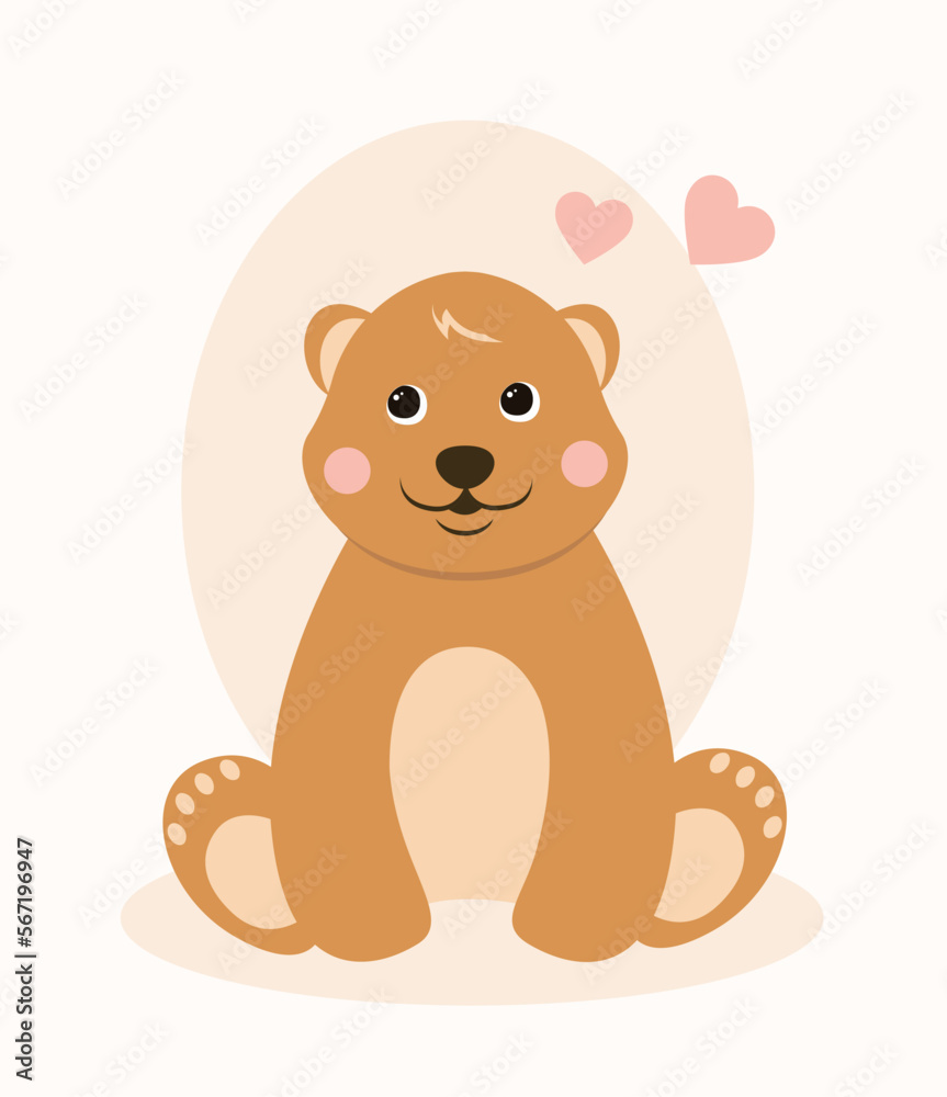 Obraz premium Cute brown bear sitting. Charming character with hearts. Design element for greeting postcard for valentines day. Romance, tenderness and love. Cartoon flat vector illustration