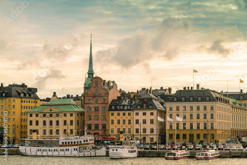 view of skyline of gamla stan by sunset in stockholm in summer