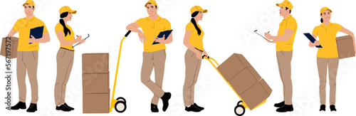 Set of hand-drawn warehouse workers holding boxes with a clipboard. Delivery man and woman with cargo carts. Vector flat style illustration isolated on white. Full-length view