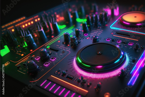 Abstract Modern DJ equipment turntables and electronic mixer mixer on the table,cyberpunk colored light around,Generative ai	
