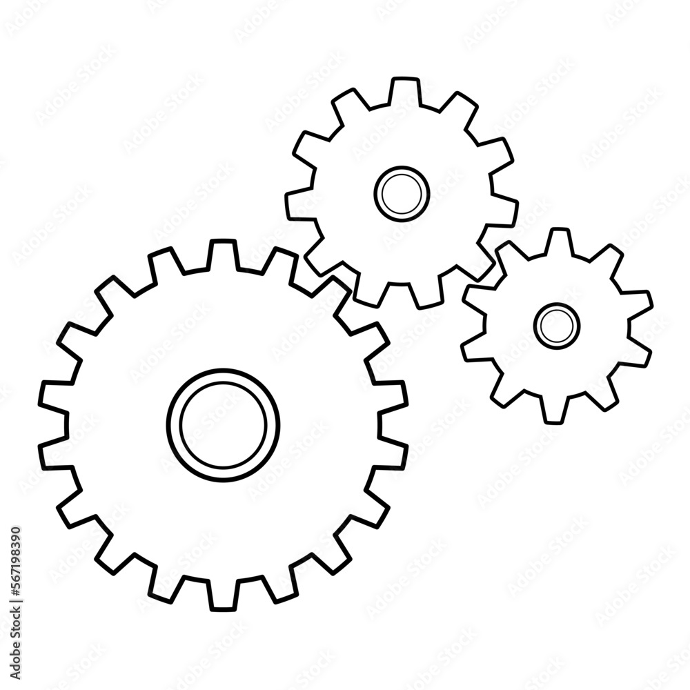 Vector of the black outlines of three cog wheels interacting with each other Vector of the black outlines of three cog wheels interacting with each other