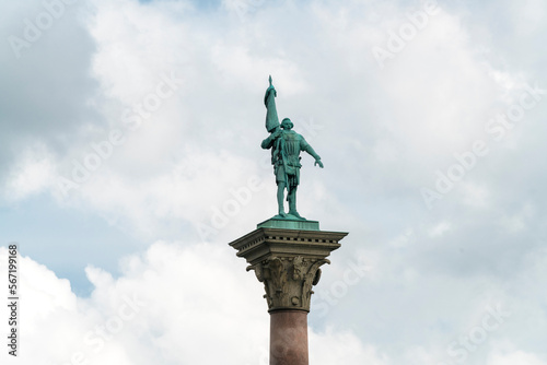 statue of Engelbrekt The Freedom Fighter sited on top of a pillar in the Stadshuset Garden in Stockholm