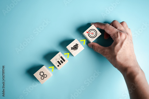 Step to success of hand arranges a wooden block with business target icon. planning business objective target to successful development, innovation, idea, creative.