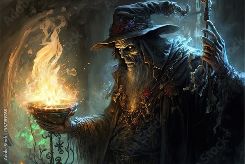 : A sorcerer who can communicate with and control spirits, casting spells that summon or banish the dead..sorcerrer cast new skill,wizzard,generative ai. photo