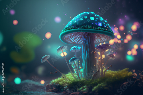 closeup atmosphere fantasy magic mushroom in fairy forest, green teal blue light, fireflies bokeh lighting background.