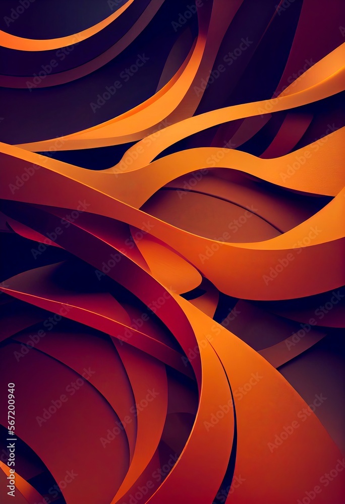 Fototapeta premium Colorful orange wavy shapes abstract background. Decorative vertical illustration with metalic texture. Shiny material colorful orange wavy shapes pattern.