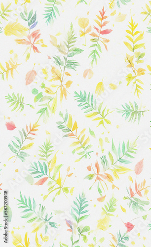 Colorful background with leaves, illustration, pattern, nature backdrop, decoration vintage wallpaper © SuFiSa