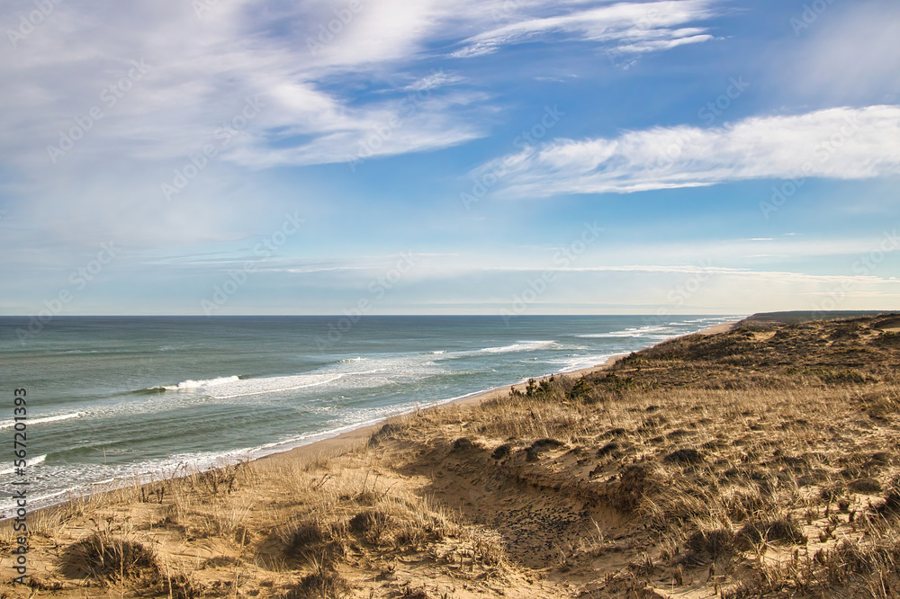 Under a partly cloudy sky on a snowless Winter day, ocean waves wash upon an empty beach beneath grassy sand dunes near Wellfleet, MA, on Cape Cod.