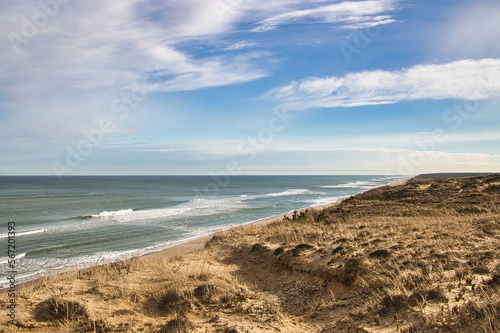 Under a partly cloudy sky on a snowless Winter day, ocean waves wash upon an empty beach beneath grassy sand dunes near Wellfleet, MA, on Cape Cod. © Dave