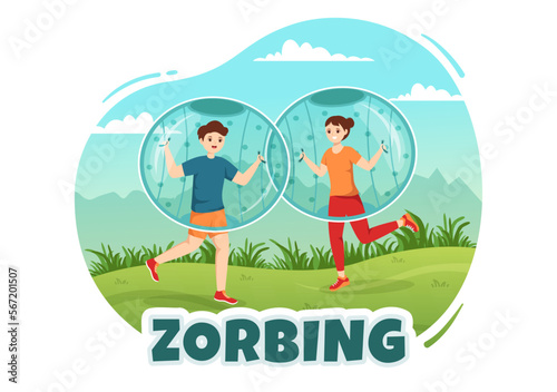 Zorbing Illustration with People Playing Bubble Bump on Green Field or Pool for Web Banner or Landing Page in Flat Cartoon Hand Drawn Templates