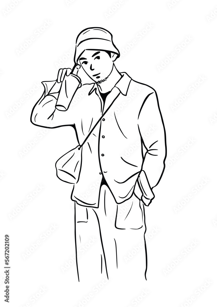 man standing holding glass of water, hand drawn art illustration, people, lifestyle man standing holding glass of water, hand drawn art illustration, people, lifestyle