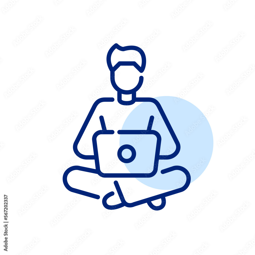 Remote worker. Man in comfortable clothes sitting with a laptop on his lap. Pixel perfect, editable stroke