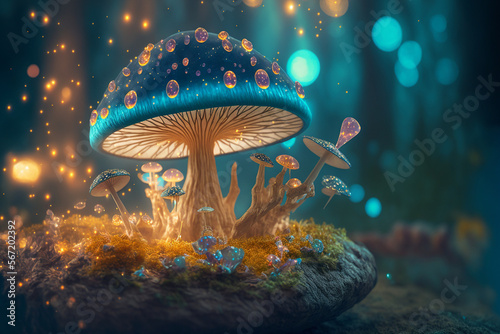 beautiful closeup fantasy magic mushroom in fairy forest, golden light, fireflies bokeh lighting background, wallpaper graphic design.