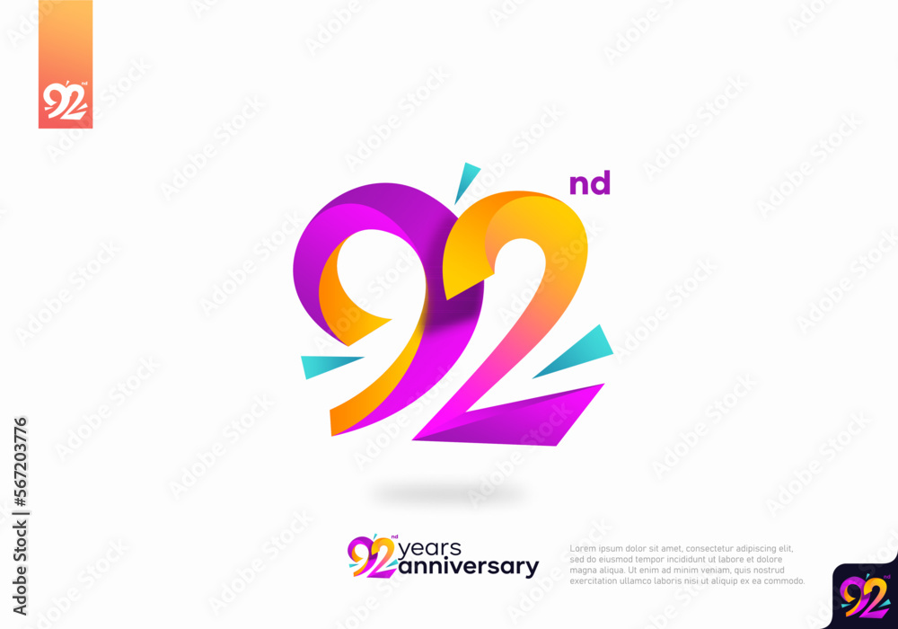Fototapeta premium Number 92 logo icon design, 92nd birthday logo number, anniversary 92