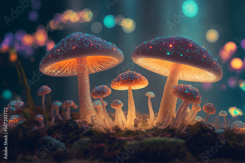 beautiful closeup colorful fantasy magic mushroom in fairy forest, fireflies bokeh lighting background, art graphic design wallpaper.