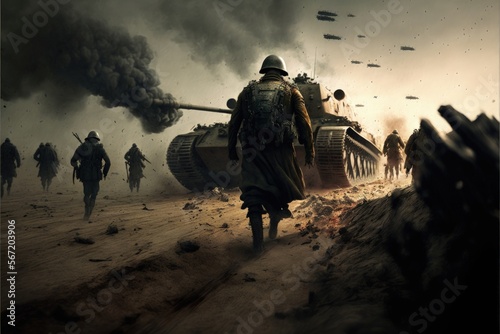 Soldiers battling in trench warfare with tanks and guns, Digital illustration, Generative AI photo