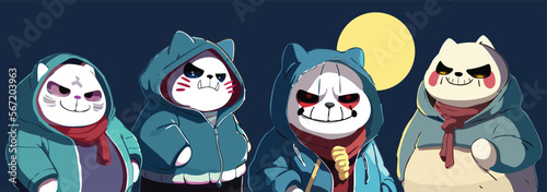 Fat cats with terrible masks on their faces for Halloween. Pets in hoodies like a band. A set of scary characters for a traditional holiday against the backdrop of the moon in the night sky