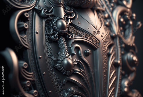 Close up caption of iron shield. 3D rendering style. Generative AI illustration
