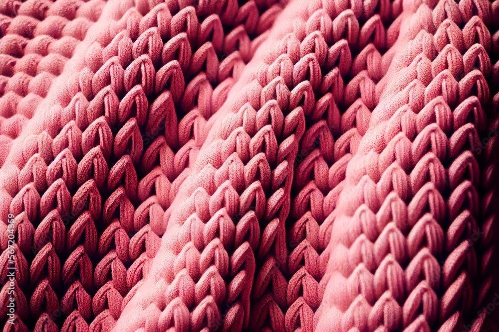 Obraz premium Coral pink knitted fabric surface abstract background. Decorative knitwear texture closeup, detailed woolen textile. Natural material Coral pink knitted fabric pattern.