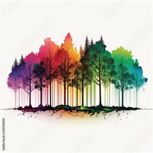 Illustration of colorful treeline - Graphic - Isolated on White - Created with Generative AI