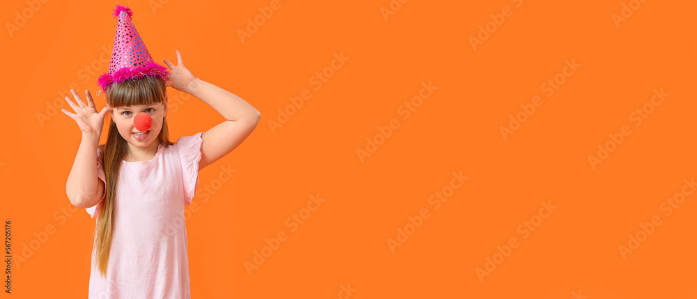 Little girl in funny disguise on orange background with space for text. April Fools Day celebration Little girl in funny disguise on orange background with space for text. April Fools Day celebration