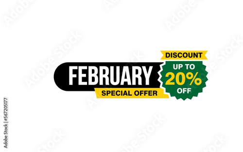 20 Percent FEBRUARY discount offer, clearance, promotion banner layout with sticker style.
