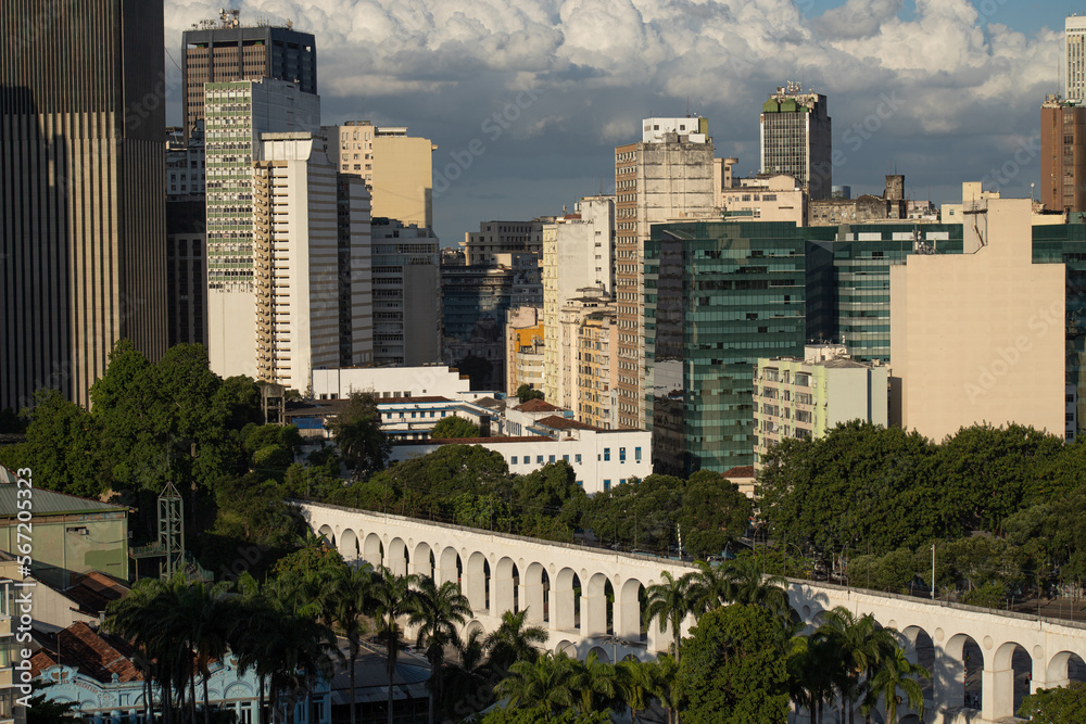 Arches of Lapa in sky with clouds, Rio de Janeiro, Brazil. Colonial architecture and downtown.