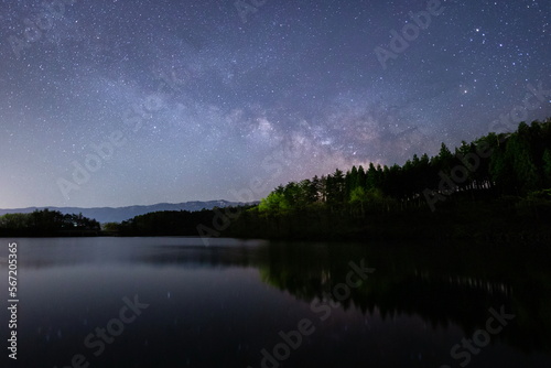 湖と森の夜空に輝く天の川