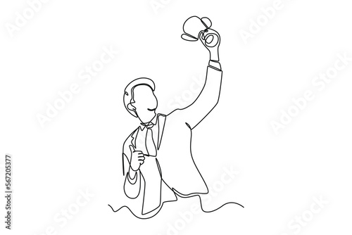 Continuous one line drawing Best worker employee with trophy cup. Personal growth concept. Single line draw design vector graphic illustration.