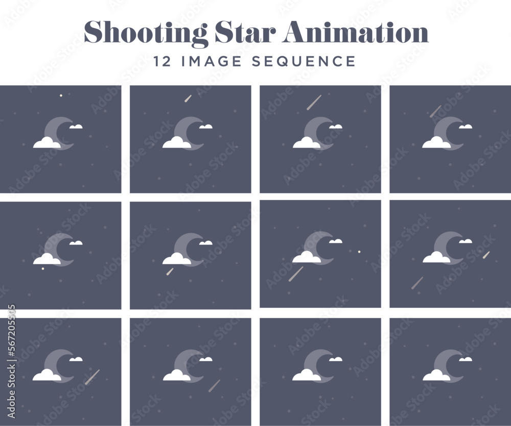 Shooting star animated gif sequence. 12 image series. Moon, stars, and clouds. 