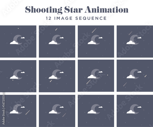 Shooting star animated gif sequence. 12 image series. Moon, stars, and clouds. 