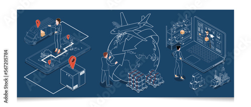3D isometric set of Global logistics network scenes concept with Transportation operation service, Export, Import, Cargo, Air, Road, Maritime delivery. Vector illustration EPS 10
