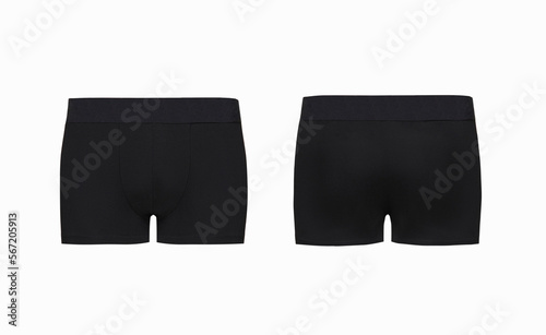 Ghost mannequin, Black men's classic boxer briefs isolated on white background. Male cotton underwear cutout, Man fabric voluminous trunks underpants close up, mock up, template, flat lay photo