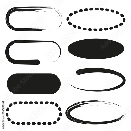 black oval brush frames. Circle frame set. Ink paint brush stain. Vector illustration.