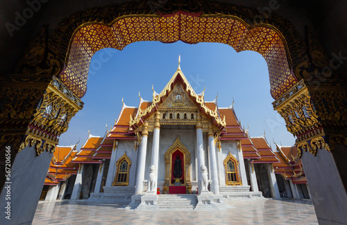 Benchamabophit Temple Built in ancient Thai architectural art, it is exquisite and orderly. It has been regarded as one of the best planned temple. It is also decorated with the marble from Italy. © AP focus
