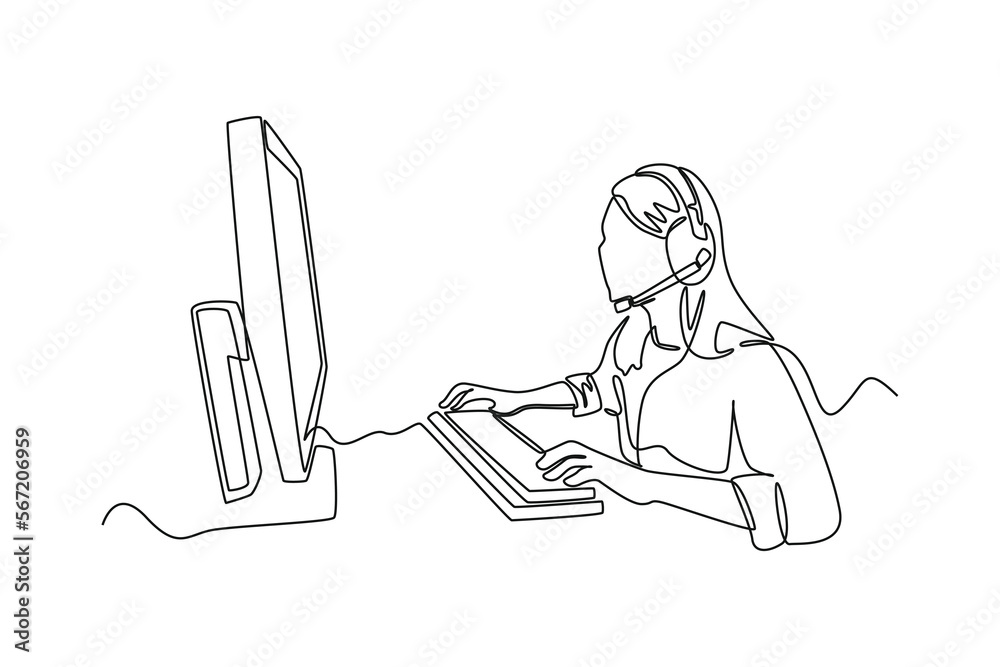 Single one line drawing happy girl wearing headset playing online video game on her computer. E-sports game concept. Continuous line draw design graphic vector illustration.