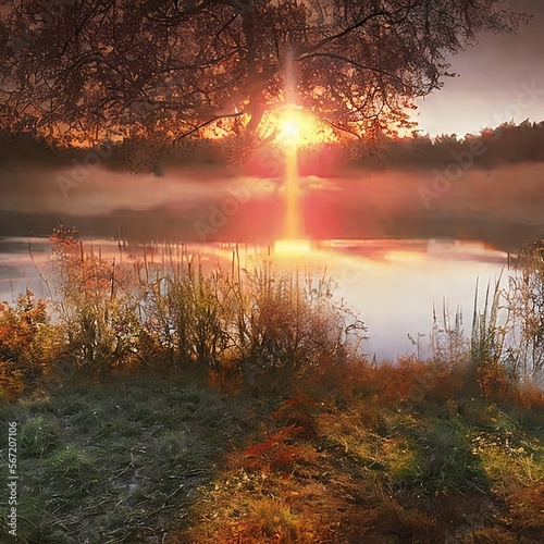 Beautiful generated image of sun over landscape